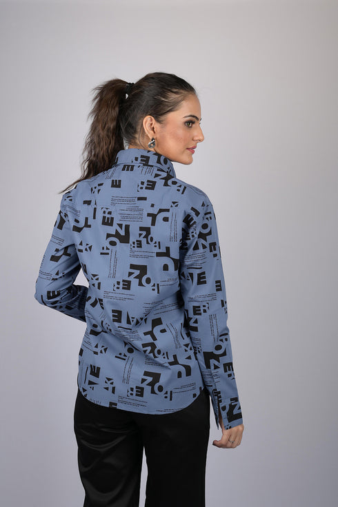 OWO THE LABEL Shirt for women stylish shirt printed party wear cotton shirt Trendy Alphabetical Print Long Sleeves Shirt (OTL-SHRT-1007)